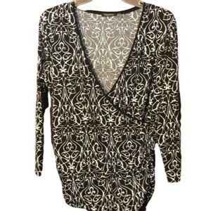 Tahiti long sleeve black white v-neck shirt polyester blend bunched medium READ